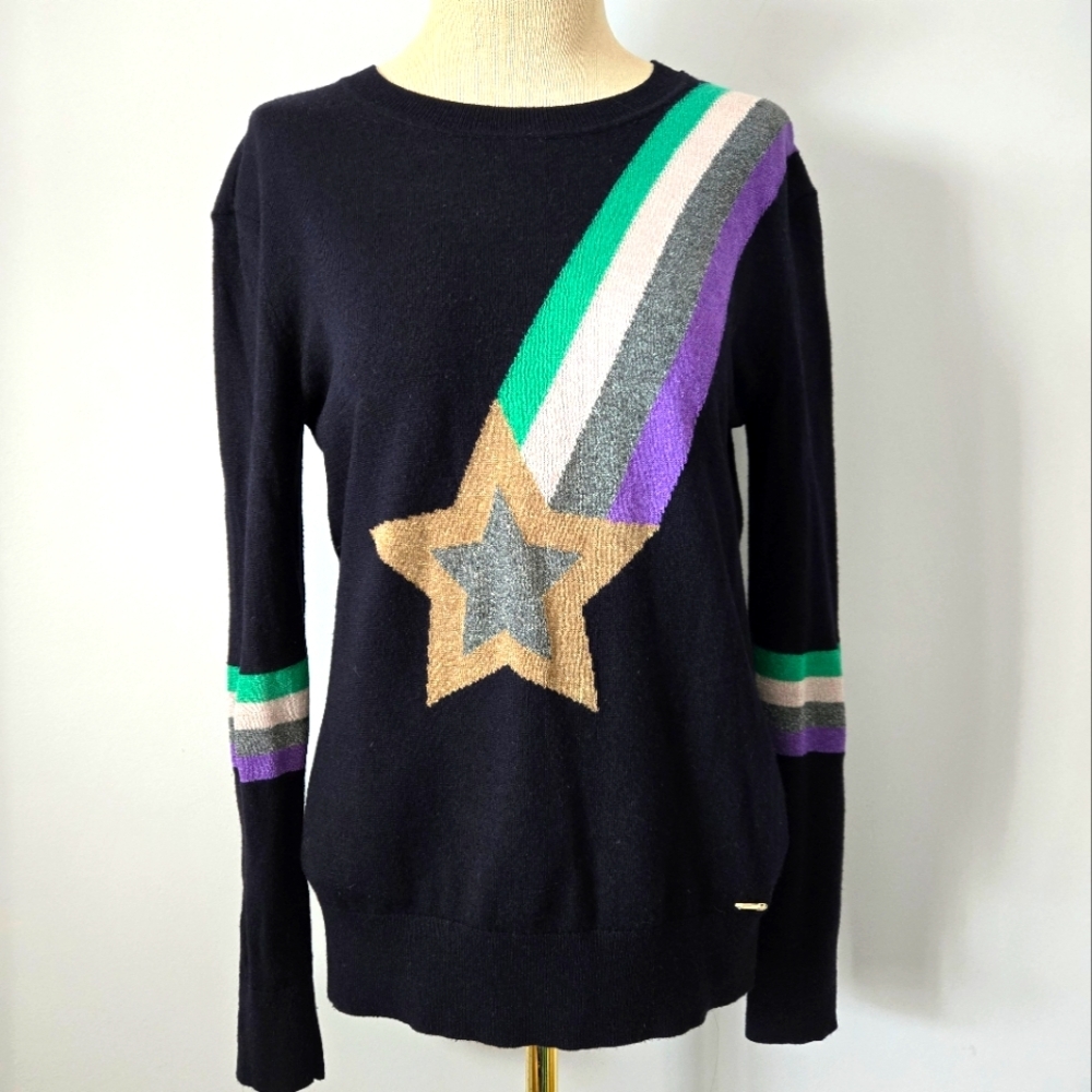 TED BAKER Throwback 70s Navy Wool Cashmere Metallic Shooting Star Sweater. 4-6